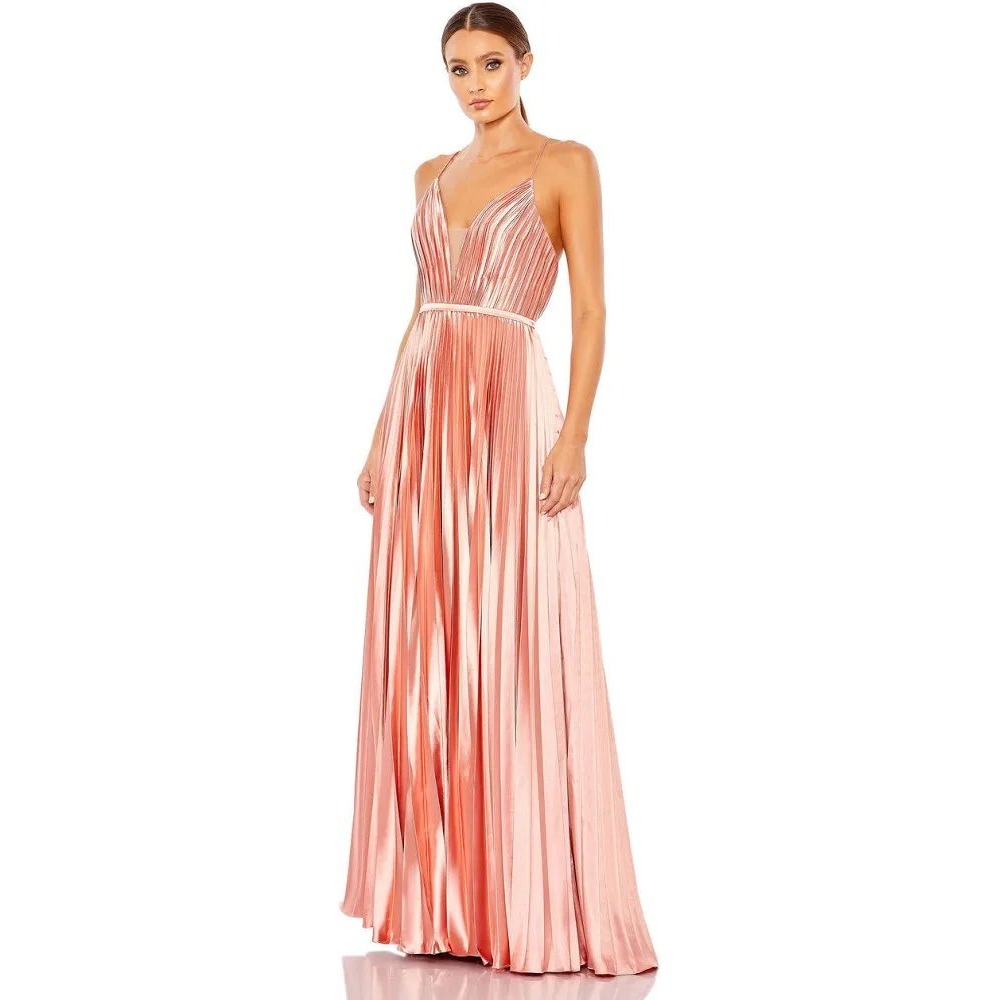 Mac Duggal 20309 Pleated Satin‎ Gown Rose Gold V-Neck Formal Dress Prom Pink 8 - Picture 2 of 16